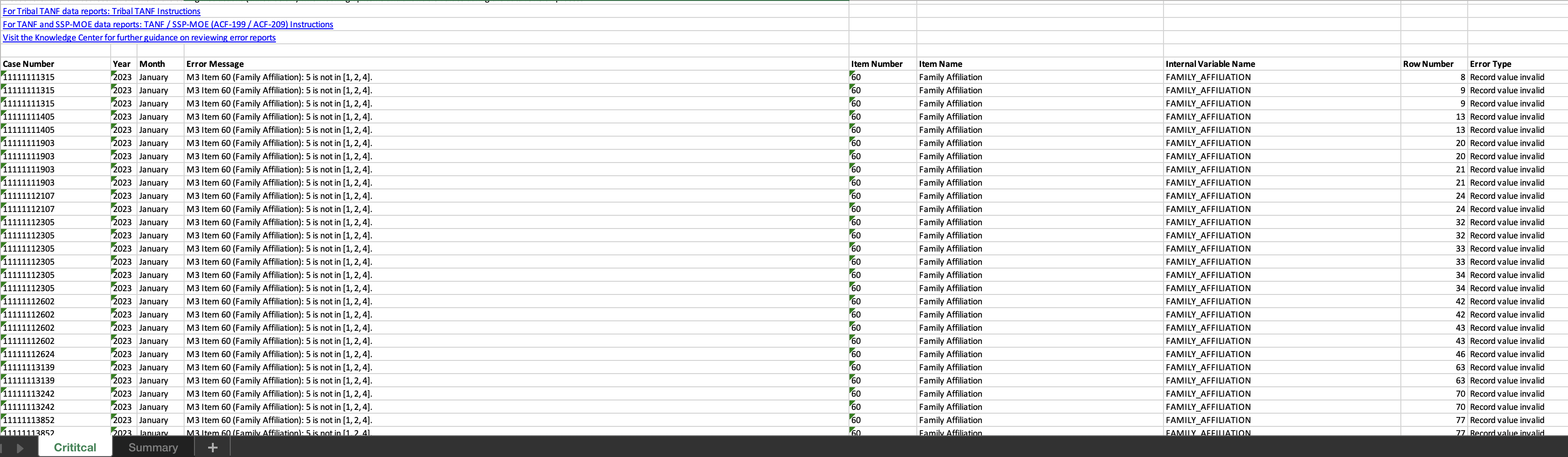 TDP error report critical tab containing some of the error examples above in Excel