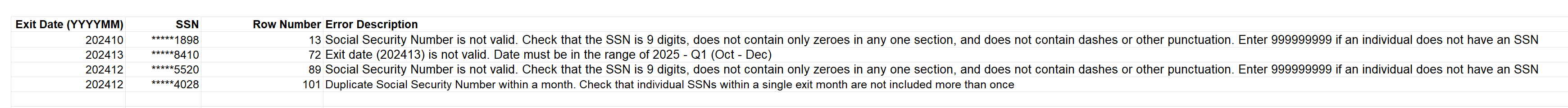 Screenshot of an example error report containing both examples of common errors in the section below