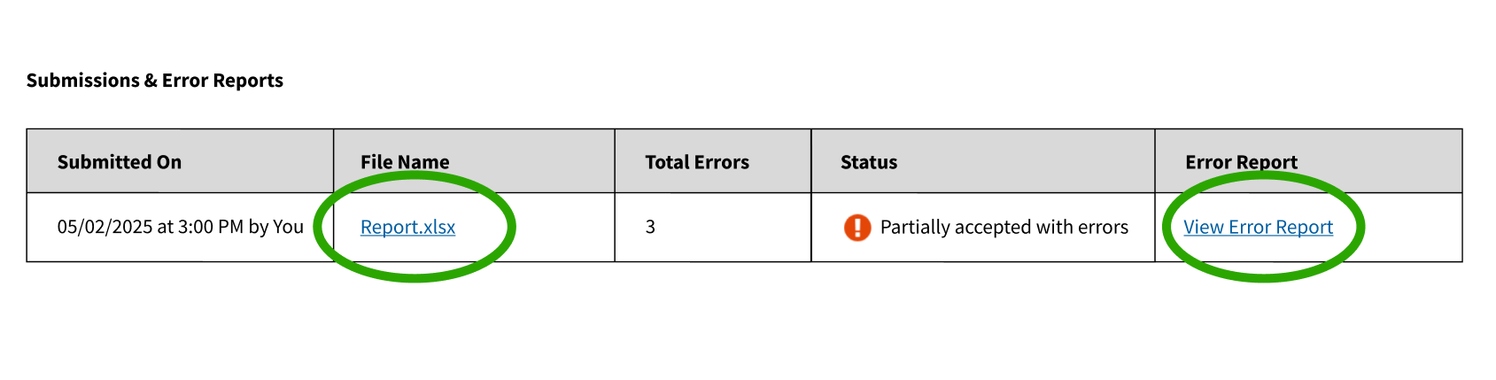 FRA Submission history with emphasis on the ability to download a previously submitted file and an error report